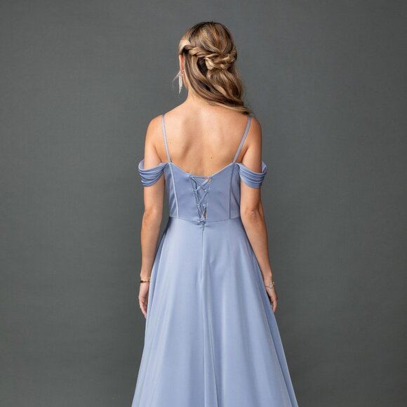 New Off the Shoulder Bridesmaid Chiffon Gown w/ Cowl Neck & Boned Bodice DQ 4539 - Picture 6 of 8